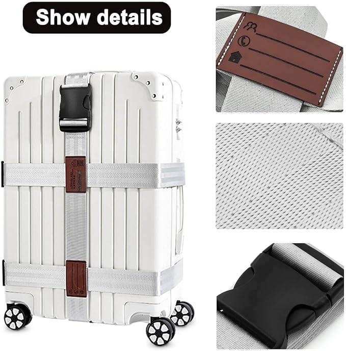 3-in-1 Luggage Straps, Luggage Belt Strap, Luggage Straps for Suitcases TSA Approved,Suitcase Belt Strap Bag Straps for Luggage Wraps and Buckle Straps (White 3-1)