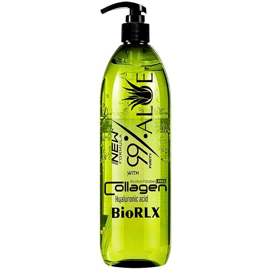 BioRLX 99% Aloe Vera Gel with Collagen and Hyaluronic Acid 250 Ml 8.5 Fl Oz - For Face Body, Hair & Scalp, After Sun Relief, Natural, Soothing, Hydrating