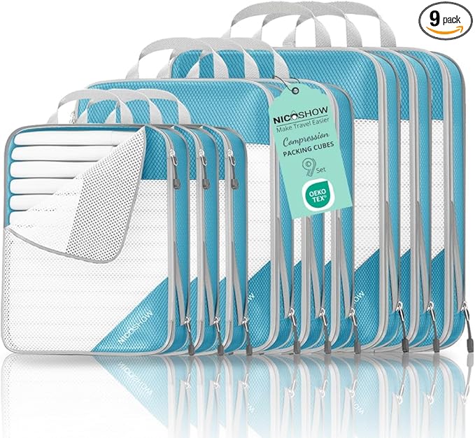9 Set Compression Packing Cubes for Travel - Compressible, Lightweight, and Space-Saving Packing Cubes, Travel Essentials for Women, Teal