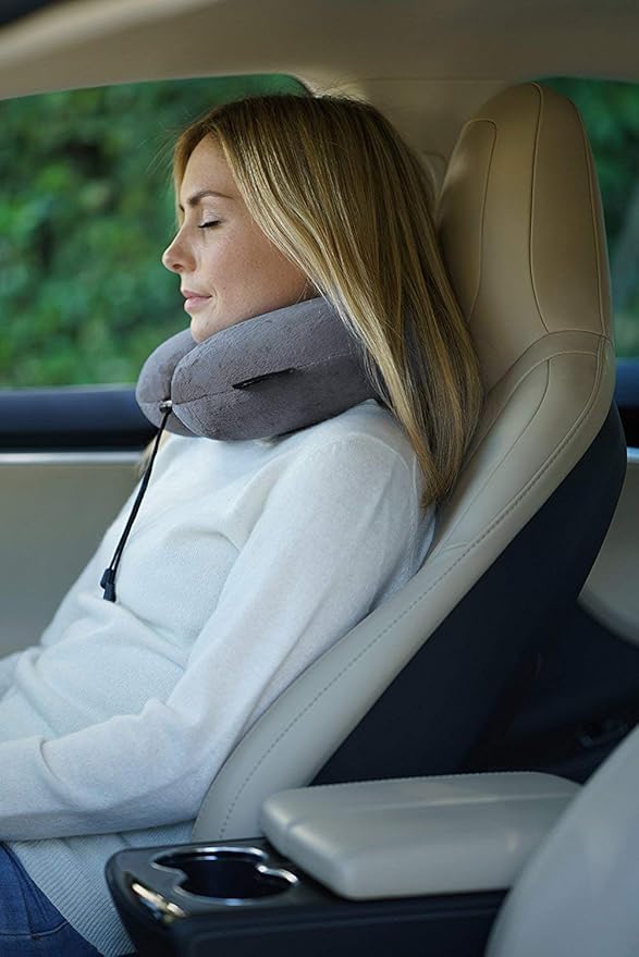 TRAVELREST Travel Essential Neck Pillow - Memory Foam, Washable Micro-Fiber Cover, Soft and Comfortable Head Support for Long Flights, Compact, Attaches to Luggage, Airplanes, Cars, Bus - (Grey, Curl)