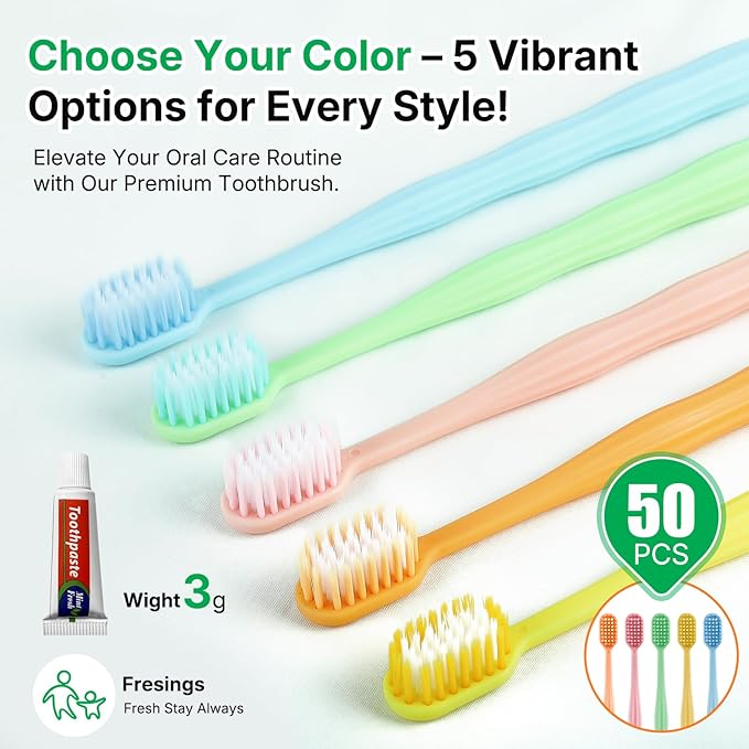 50 Pack Disposable Toothbrushes with Toothpaste, Individually Wrapped Soft Bristle Travel Toothbrush Bulk, Hotel Guest Amenities, Mint 3g Toothpaste Set for Camping, Donation & Oral Care Kit