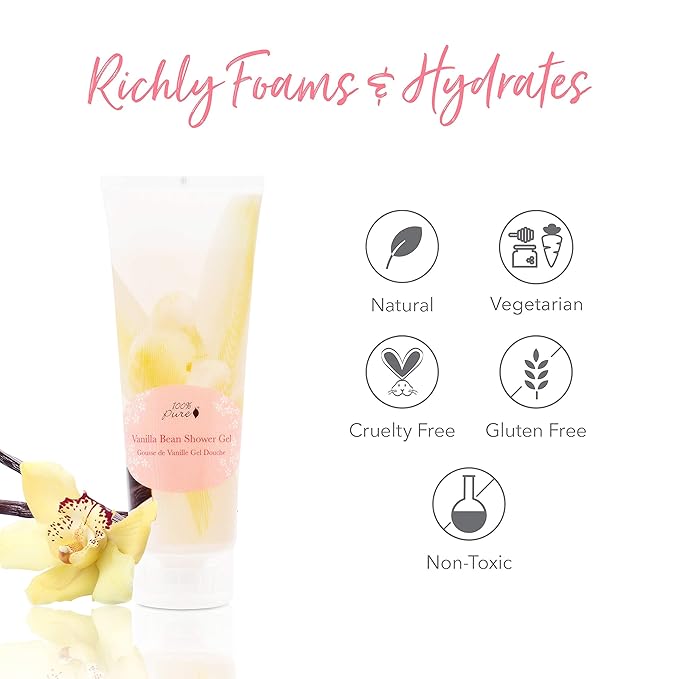100% PURE Vanilla Bean Shower Gel Natural Foaming & Hydrating Body Wash - Deeply Moisturizing Gentle Soap Cleanser for All Skin Types, Even Sensitive - Gluten-Free - 8 Fl Oz