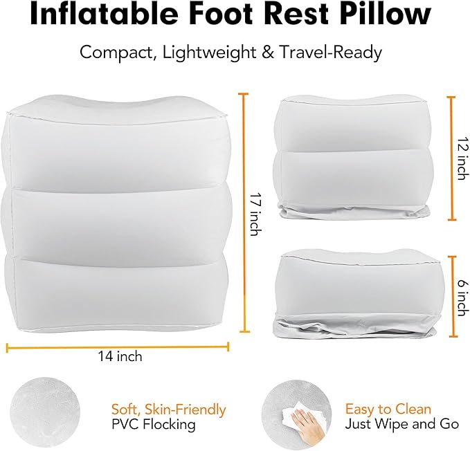 Inflatable Foot Rest Pillow for Travel, Adjustable 3 Layers Height Cushion Kids/Adults Airplane Travel Pillow, Suitable for Office, Home, Trains, Cars - White