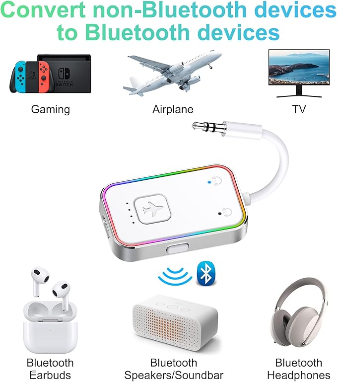 Bluetooth Transmitter for Airplane,Bluetooth V5.4 Transmitter for 2 Airpods/Headphones Dual Pairs.Wireless Transmitter for in-Flight/TV/Gym,with AptX LL,Metal Frame