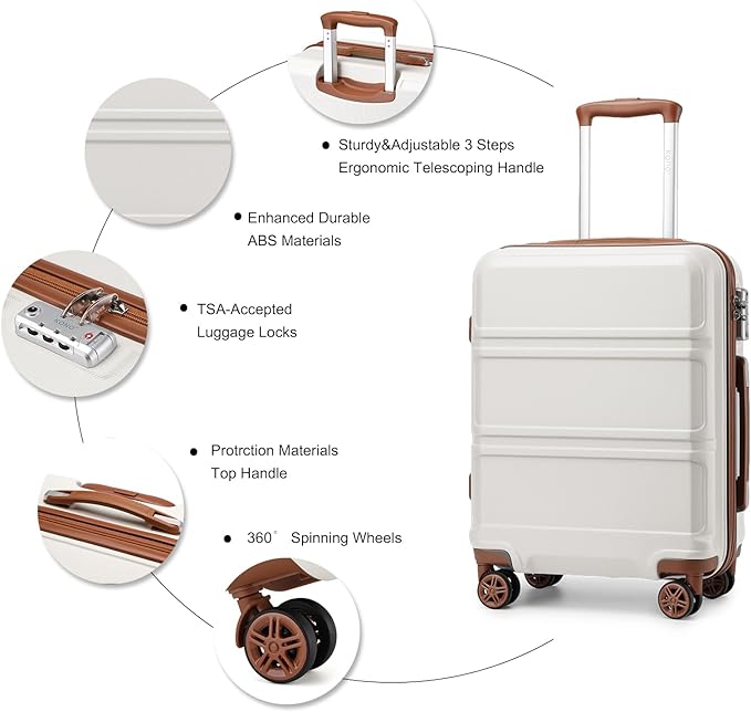 Kono 20'' Carry on Luggage Lightweight with Spinner Wheel TSA Lock Hardside Luggage 20.3" x 15" x 8.3" Carry on Suitcase Cream White