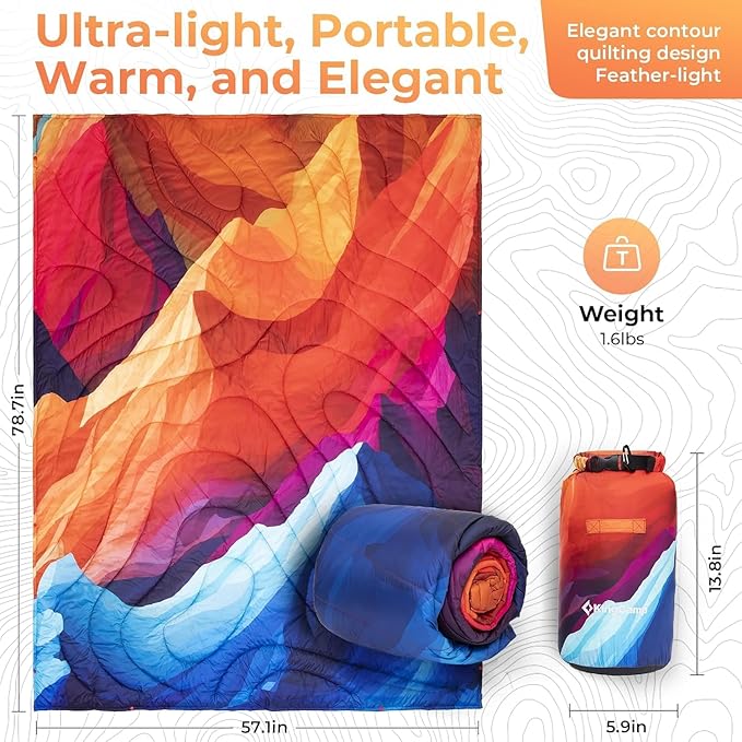 KingCamp Ultralight Camping Blanket, Packable Down Alternative Puffy Printed Wearable Blanket with Snap Buttons & Corner Loops Weatherproof Quilt for Outdoor Travel Stadium (79"L x 57"W, PEAK)