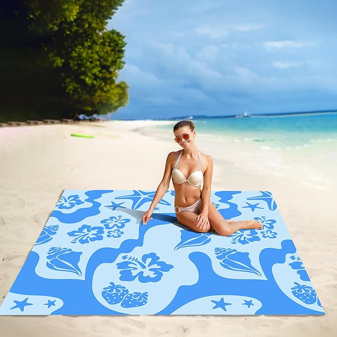 Beach Blanket Waterproof Sandproof, 78”x 86” Large Sand Free Beach Mat with 4 Stakes & Portable Bag, Big Flodable Compact Outdoor Picnic Blanket
