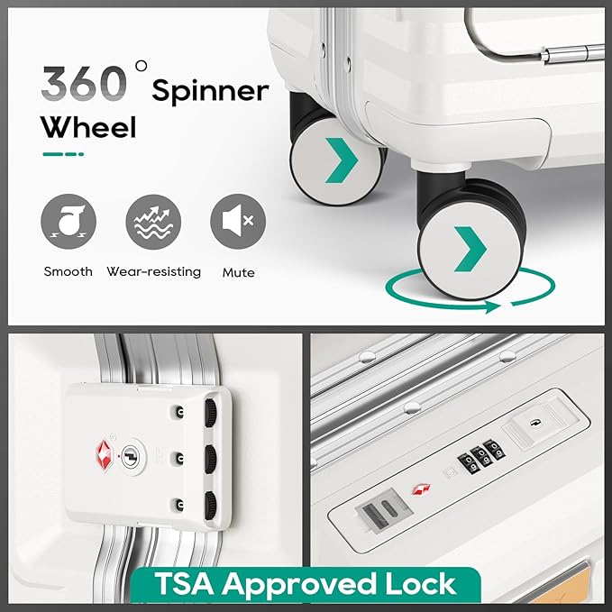 Joyway 20 Inch Carry on Luggage with Aluminium Frame and Front Pocket, PC Hardshell Suitcase with USB Port and Cup Holder, 21.5x14.2x9 Airline Approved, Luggage with Spinner Wheels and TSA Lock(White)