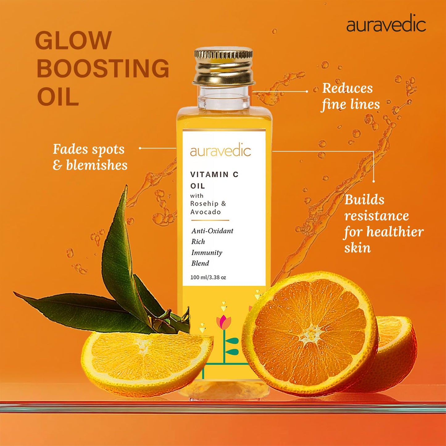 Auravedic Vitamin C Face Oil | with Rosehip, Avocado and Vitamin E | Natural & Organic Skin Moisturizer | Ayurvedic Facial Massage Oil for Soft, Smooth Skin | 3.38 Fl Oz (100ml)