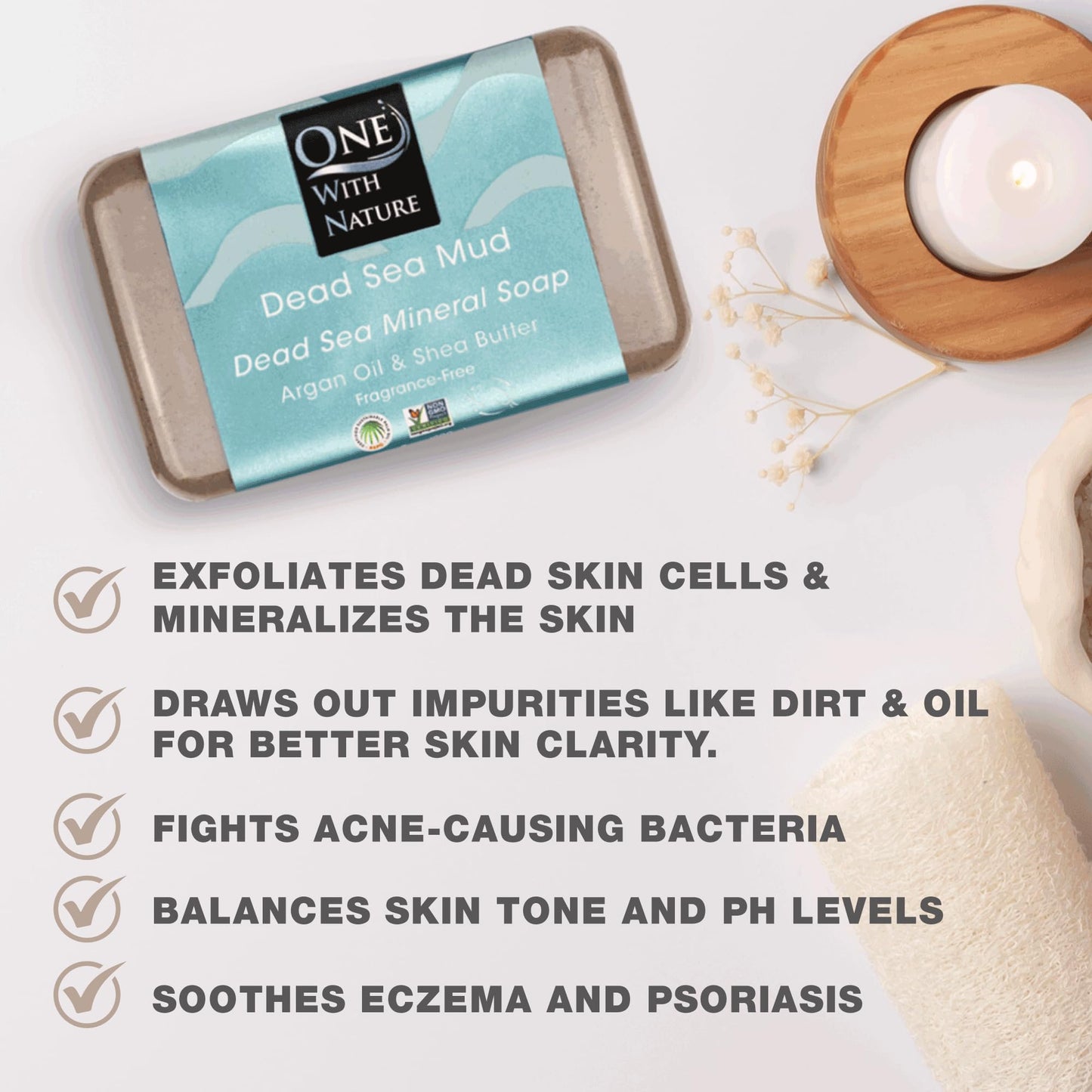 One With Nature Dead Sea Mud Soap 4oz 3-Pack – Purifying and Exfoliating Soap Bar with Dead Sea Salt Minerals for Face & Body, for Men & Women, Unscented