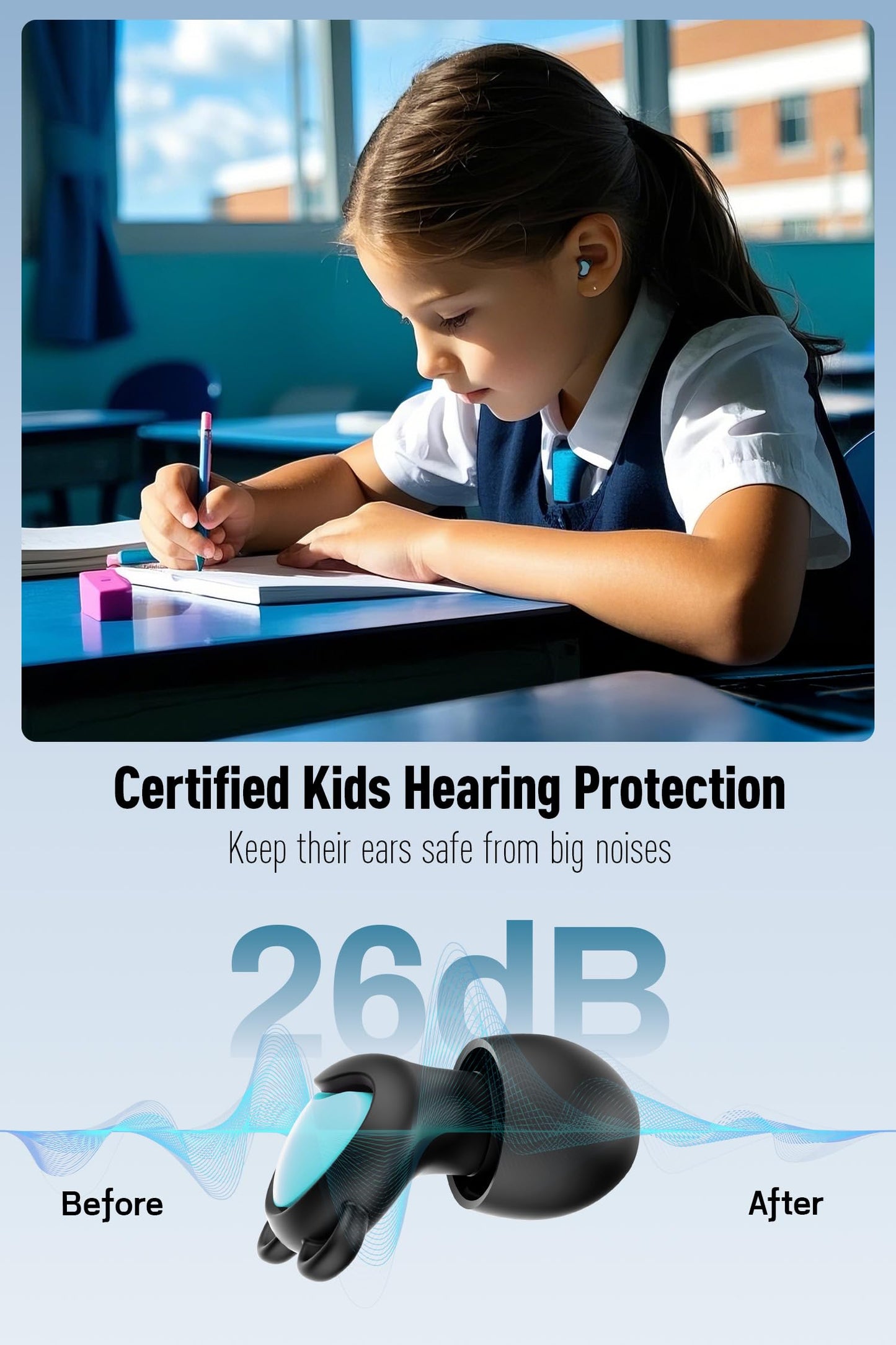 Kids Ear Plugs (6-12 Years) with Lanyard, Kids Ear Protection Reusable Noise Relief Earplugs for Focus, Travel, Concerts, Socializing, Events, Sleep, Anxiety, Stress, Home, School, Playtime - 26 dB