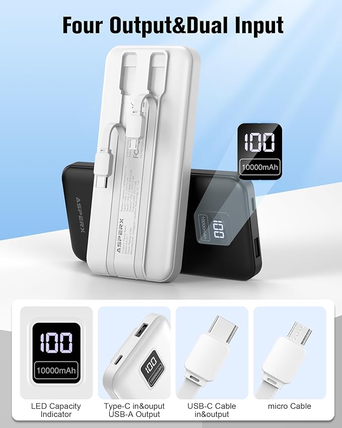 AsperX 2-Pack 10000mAh Portable Charger, USB C Power Bank Fast Charging with Built-in Cables, LED Display External Battery Pack for iPhone, Android, Google LG and Heated Vest