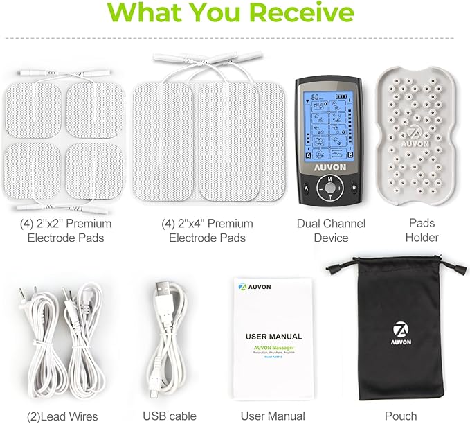 AUVON Dual Channel TENS Unit Muscle Stimulator Machine with 20 Modes, 2" and 2"x4" TENS Unit Electrode Pads (Black)