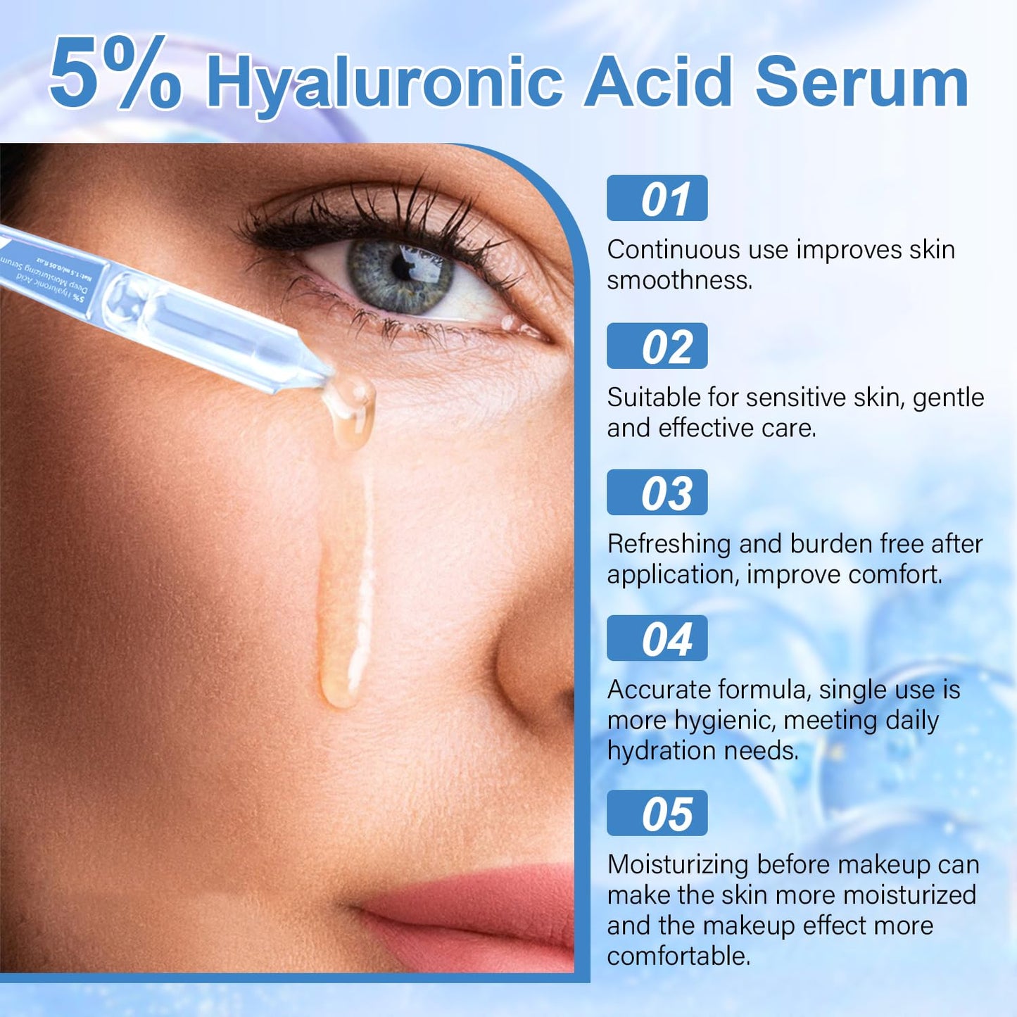 5% Hyaluronic Acid Serum Ultra-Moisturizing Vials,Hyaluronic Acid Facial Serum, Single-Use Hyaluronic Acid Tubes,Intensive Hydration,Enhances Skin Elasticity,Pre-Makeup Moisturizing Care (1 Box of 30)