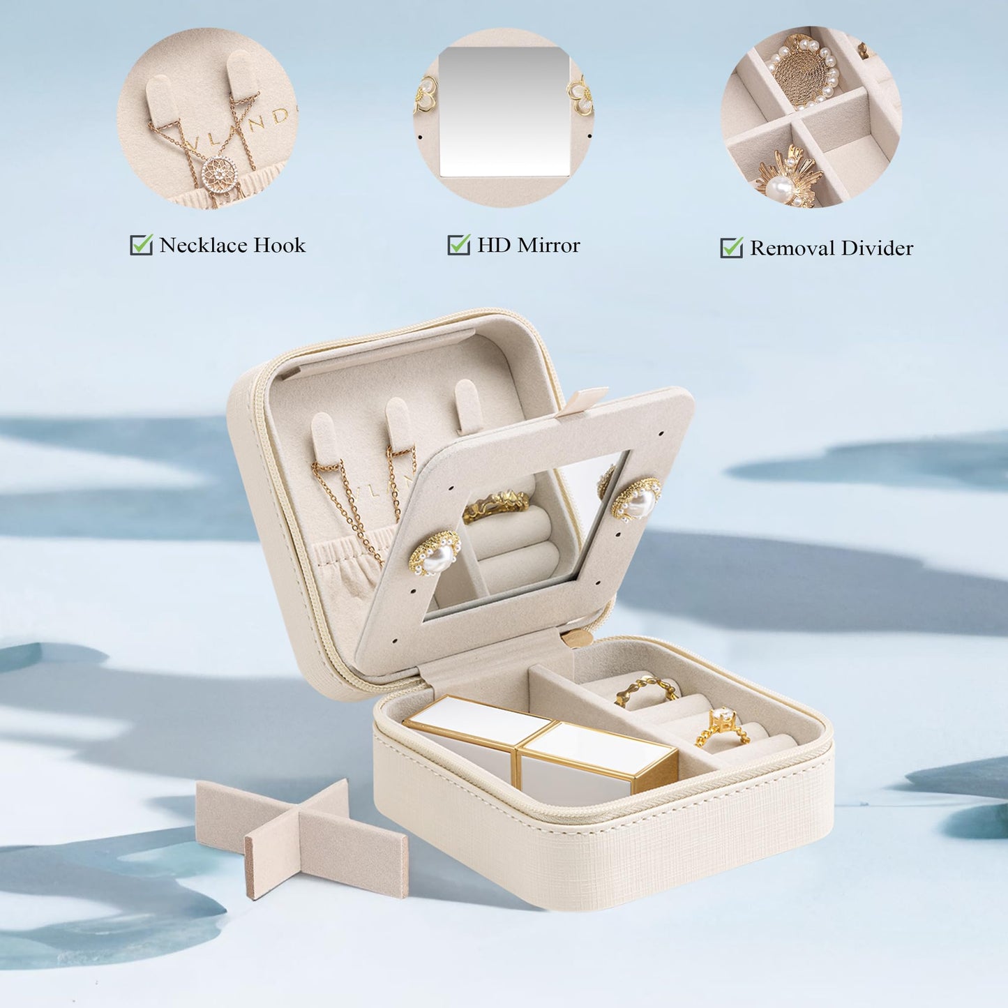 Vlando Small Travel Jewelry Box Organizer - Mirrored Carry-on Jewelries Necklaces Rings Earrings Necklace Storage Case, Beige