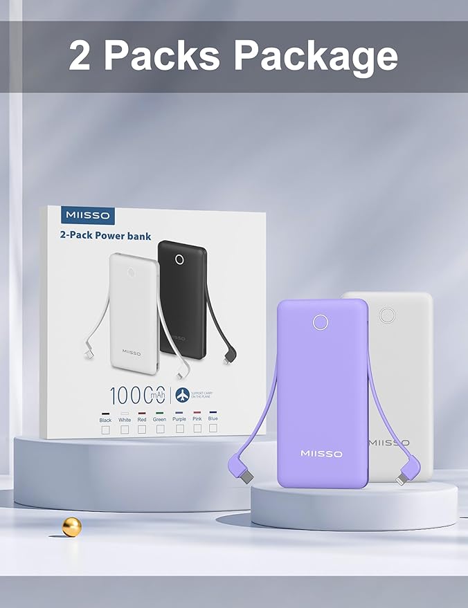 10000mAh Slim Portable Charger with Built in Cable, Power Bank Travel Charger External Battery Pack for Phone, 4 Output USB Type C Cord Clutch Charger Compatible with iPhone, 2 Pack White & Purple