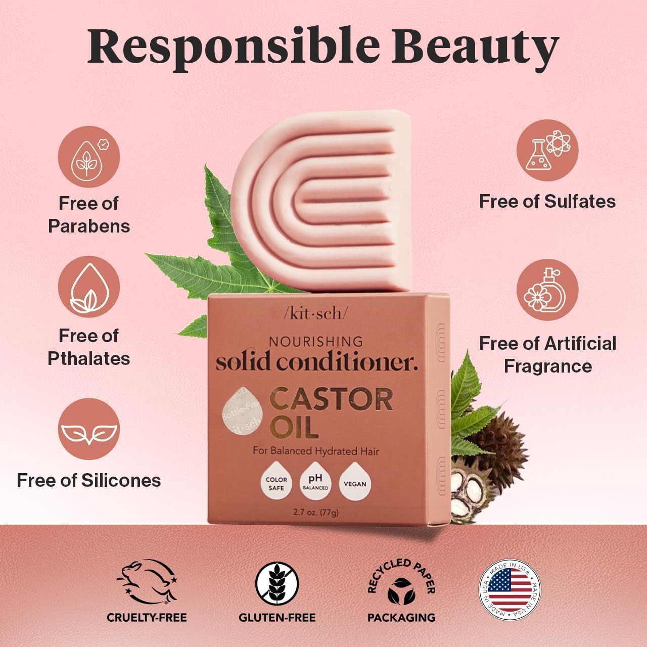 Kitsch Castor Oil Conditioner Bar Soap - Hydrating & Moisturizing Hair Care - Organic Castor Oil Conditioner for Hair Growth & Scalp Nourishment - Silicone & Paraben-Free, Vegan, Made in USA - 2.7oz