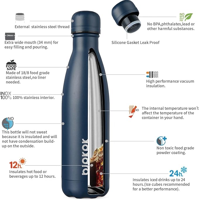 BJPKPK 17oz Insulated Stainless Steel Water Bottles,Sports Water Bottles Keep Cold for 24 Hours and Hot for 12 Hours,BPA Free for Travel,Navy blue