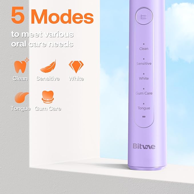 Bitvae R2 Rotating Electric Toothbrush for Adults with 8 Brush Heads, 5 Modes Rechargeable Power Toothbrush with Pressure Sensor, Purple