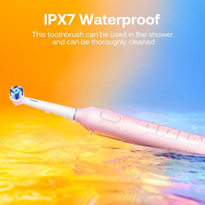 Bitvae R1 Rotating Electric Toothbrush with 8 Brush Heads for Adults and Kids, 5 Modes Rechargeable Power Toothbrush, 3 Hours Fast Charge for 60 Days, Brushing Timer, Pink