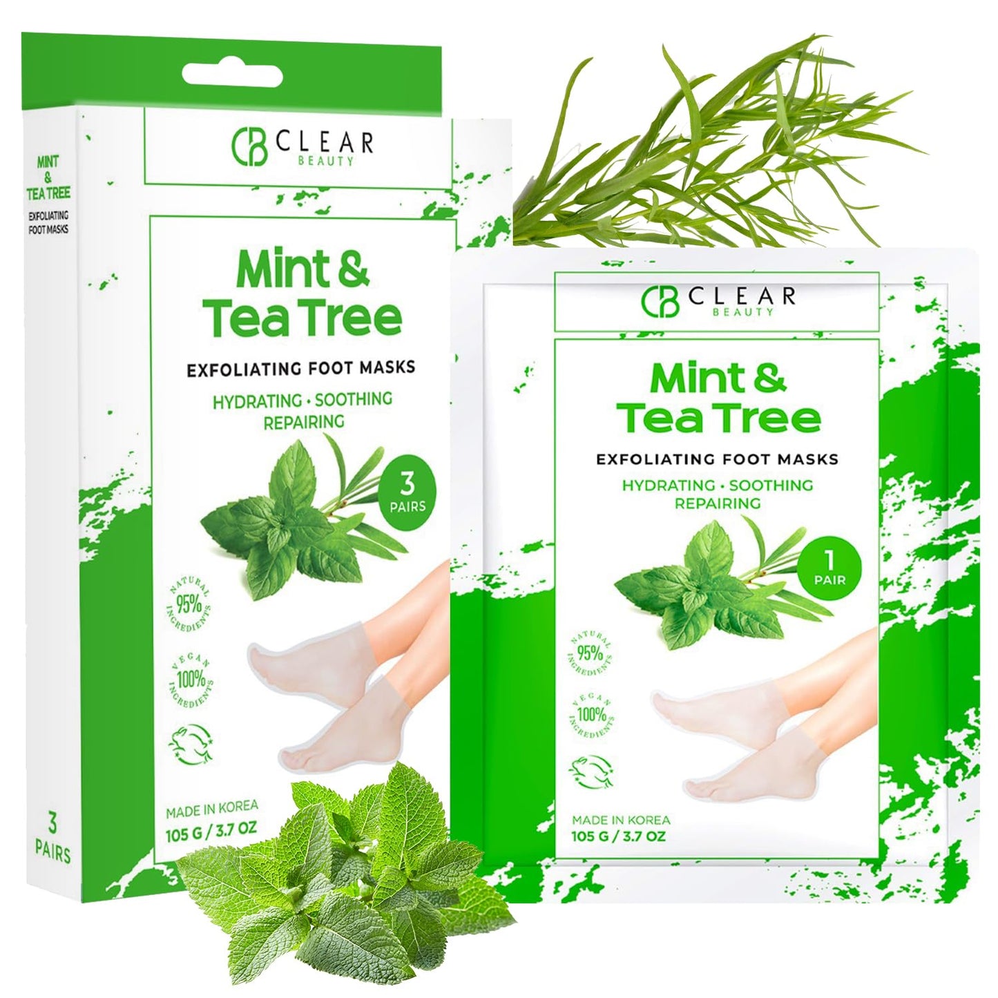 Clear Beauty Mint & Tea Tree Foot Masks Moisturizing Socks - Exfoliating, Hydrating & Revives Cracked Feet - Dermatologist Tested, Clean Beauty & Cruelty-Free Skincare - 3 Pairs