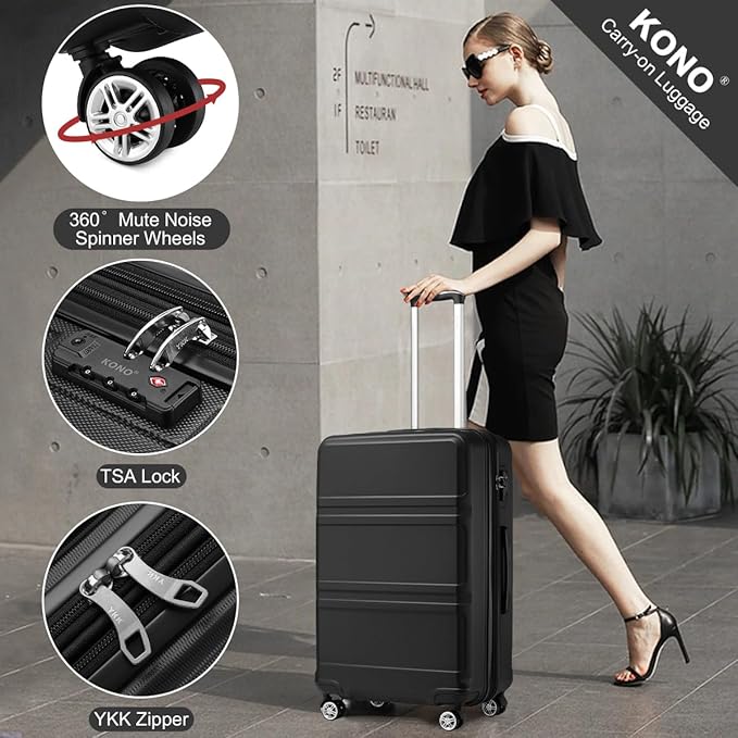 Kono 28 Inch Luggage Expandable Suitcase Lightweight with Spinner Wheels TSA Lock Hardside Large Checked Luggage Durable Rolling Suitcase Black