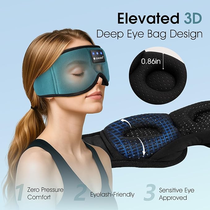 ZUMUSEN Bluetooth Sleep Headphones, 3D Wireless Music Eye Mask with Ultra-Thin Stereo Speakers, Adjustable Sleep Mask for Side Sleepers, Perfect for Travel, Meditation, Relaxation