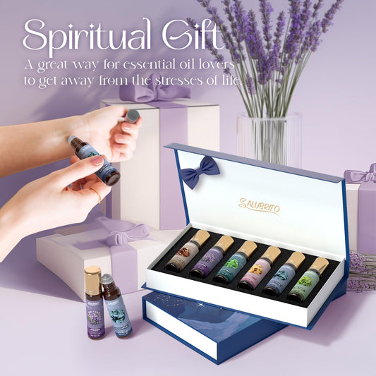 SALUBRITO Wellness Essential Oil Roll On Gift Set, Aromatherapy Oil with Roller Ball for Body Skin, Massage - Lavender, Peppermint, Tea Tree, Frankincense, Myrrh, Eucalyptus, Sandalwood Essential Oil