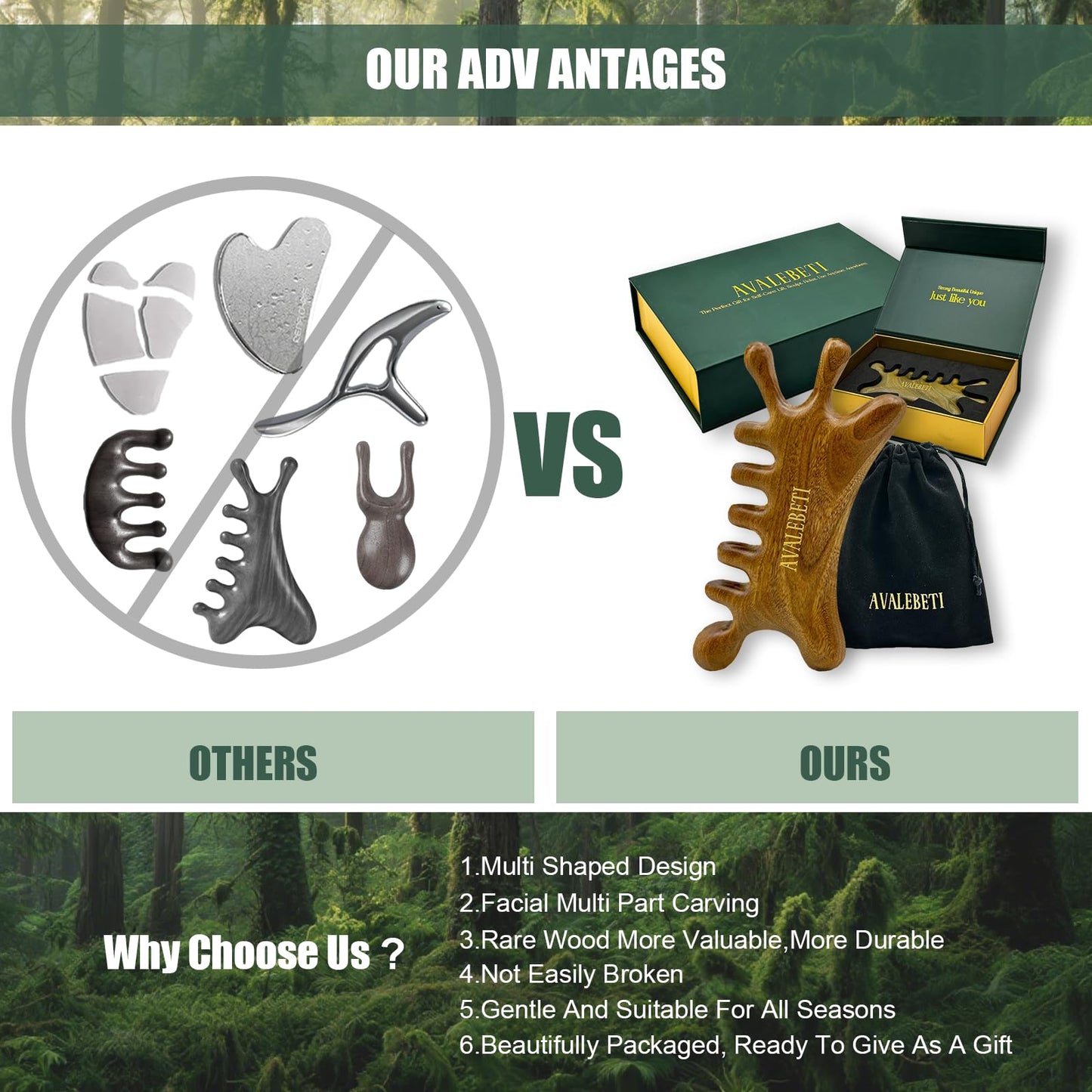 AVALEBETI 6-in-1 Gua Sha Tool for Face & Body, Natural Sandalwood – Lymphatic Drainage, Jaw Lifting & Nose Sculpting, Head Scalp Massage Comb for Stress Relief, Home Office Self Care Gifts for Women