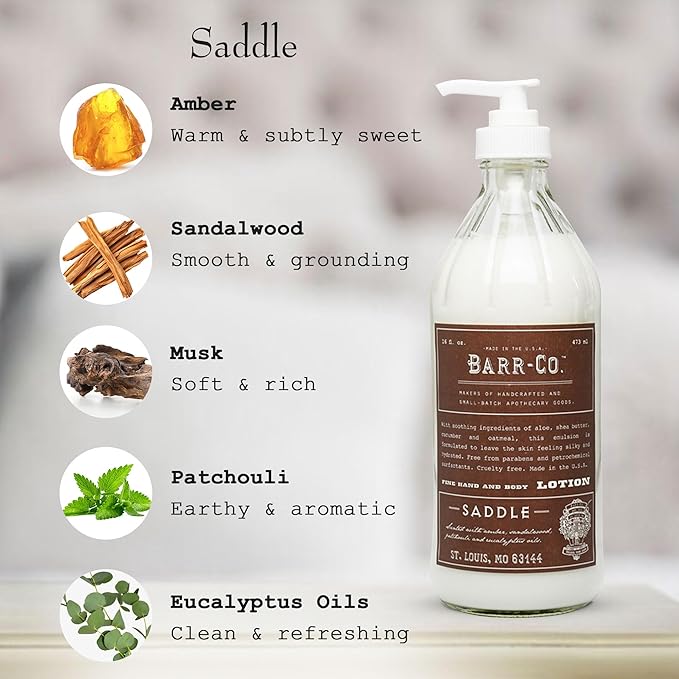 BARR-CO. Saddle Scent Shea Butter Lotion, Amber Scent with Sandalwood & Musk, Shea Moisturizing Lotion for Sensitive Skin, 16 fl oz