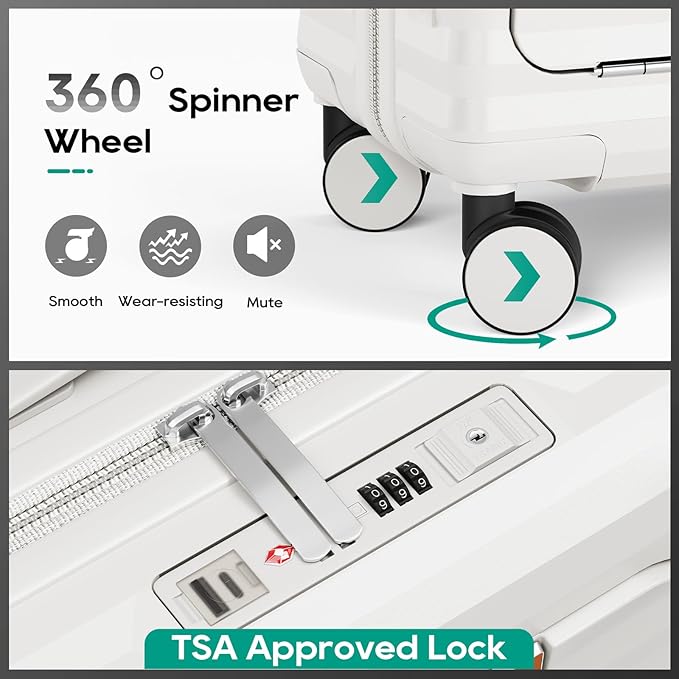 Joyway 20 Inch Carry on Luggage with Front Pocket, PC Hardshell Carry-on Suitcase with USB Port and Cup Holder, 21.5x14.2x9 Airline Approved, Luggage with Spinner Wheels and TSA Lock (White)