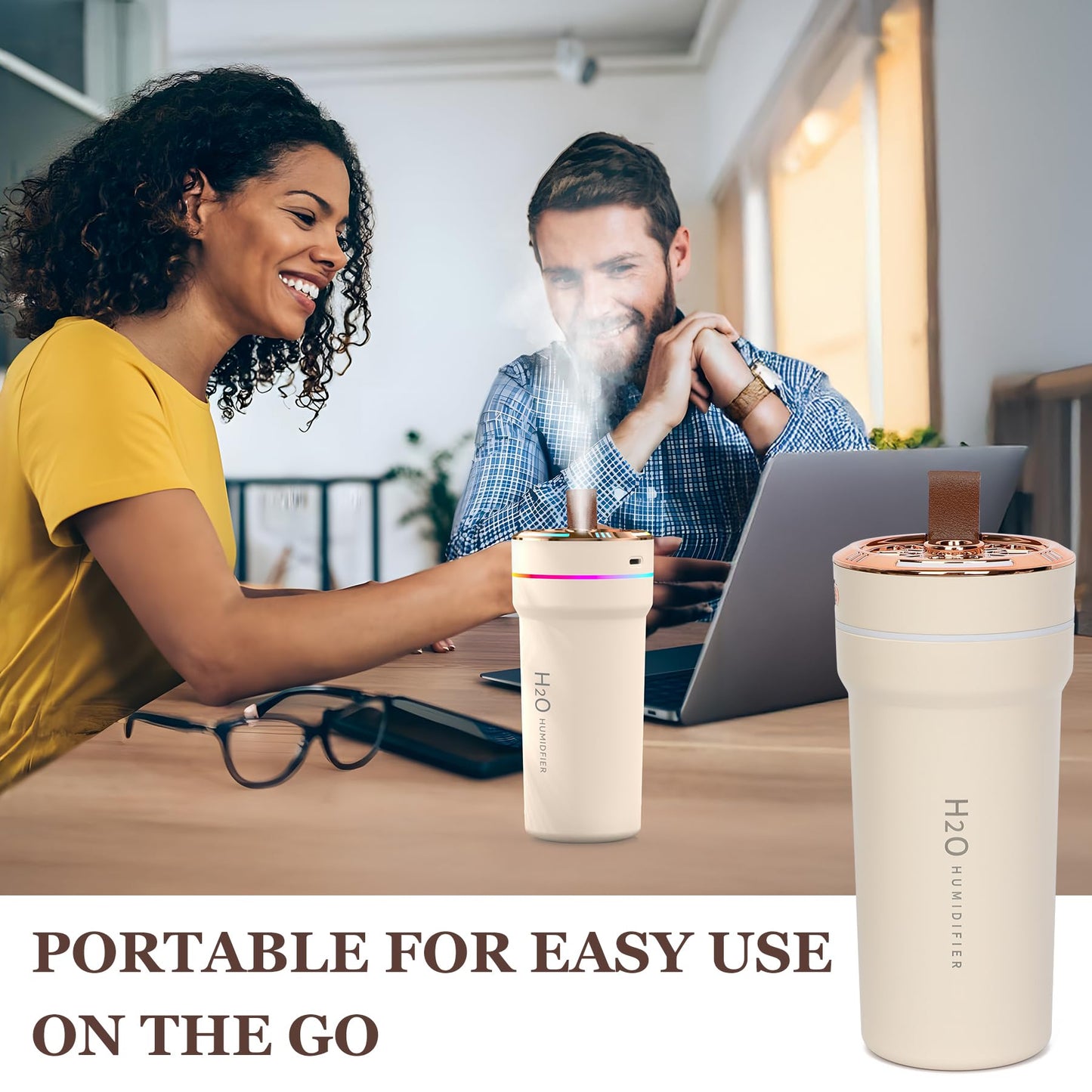 Car Diffuser Humidifier with Night Lights Portable 300mL USB Powered Cool Mist Auto Shut-Off Quiet Perfect for Car Home Office Bedroom (Beige)