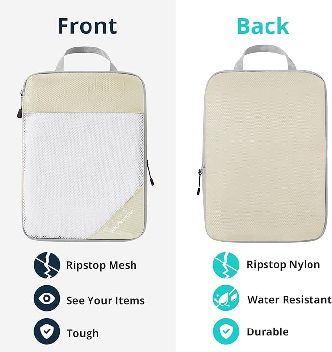 9 Set Compression Packing Cubes for Travel - Compressible, Lightweight, and Space-Saving Packing Cubes, Travel Essentials for Women, Beige