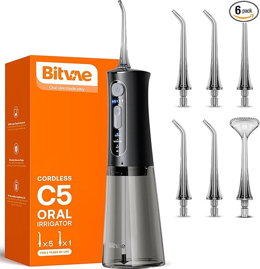 Bitvae Water Dental Flosser for Teeth, Cordless Water Teeth Cleaner Picks, 3 Modes 5 Intensities, IPX7 Waterproof, Rechargeable Water Dental Picks for Cleaning - Black