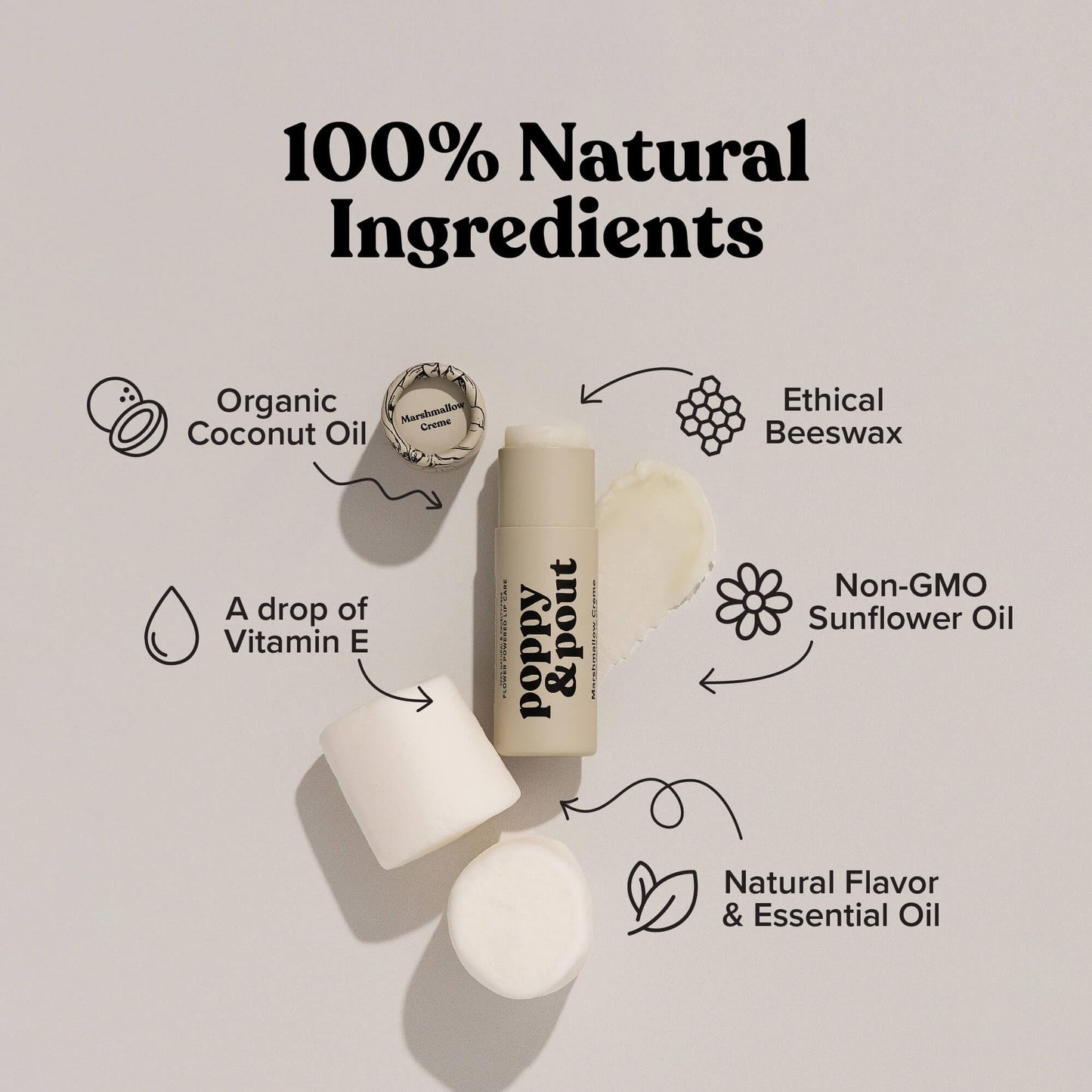 Poppy & Pout Marshmallow Creme Jumbo Lip Balm | All Natural Lip Balms & Moisturizers | Hydrates with Beeswax, Vitamin E, Organic Coconut Oil | Cruelty-Free | Lip Balm in Recyclable Cardboard Tube