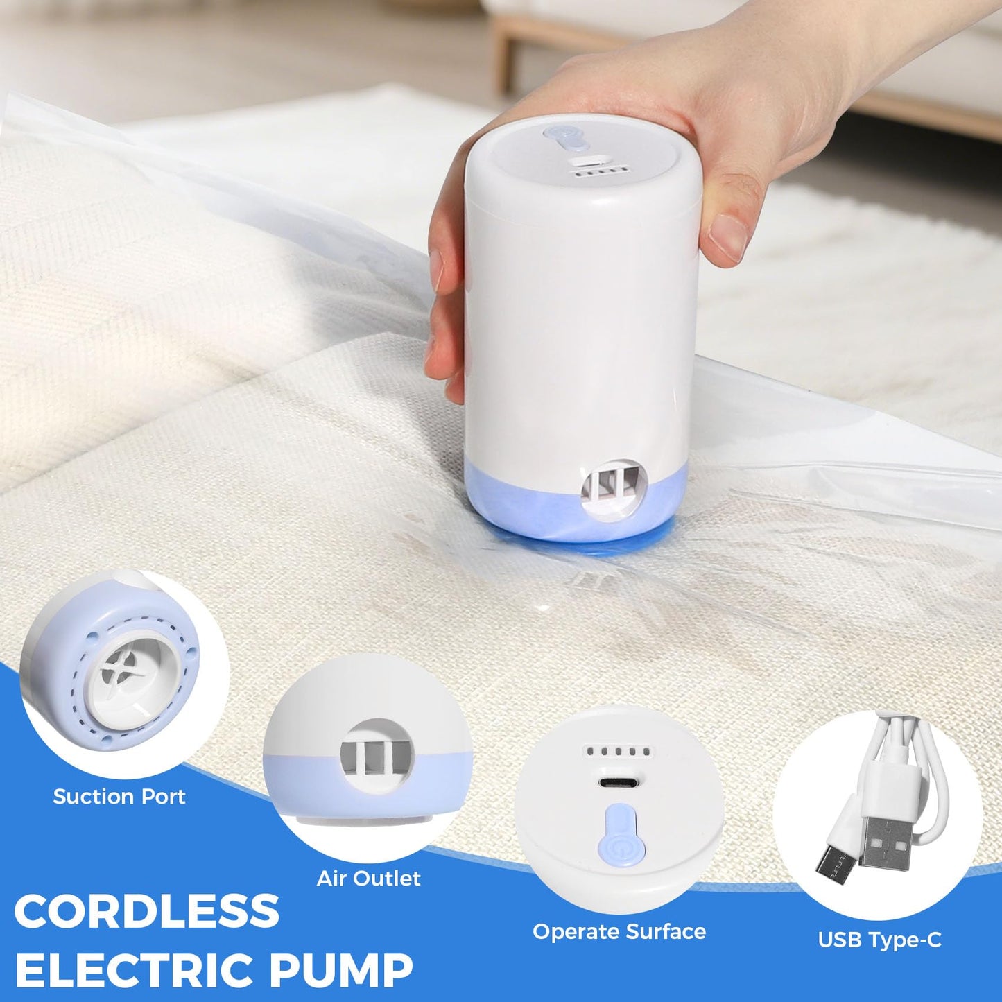 Eunhdet 15 Pack Travel Vacuum Storage Bags with USB Electric Pump, Combo Space Saver Vacuum Seal Bags for Clothing Travel Vaccine Sealed Storage Bag for Comforters Blankets Clothes Suitcase, Clear