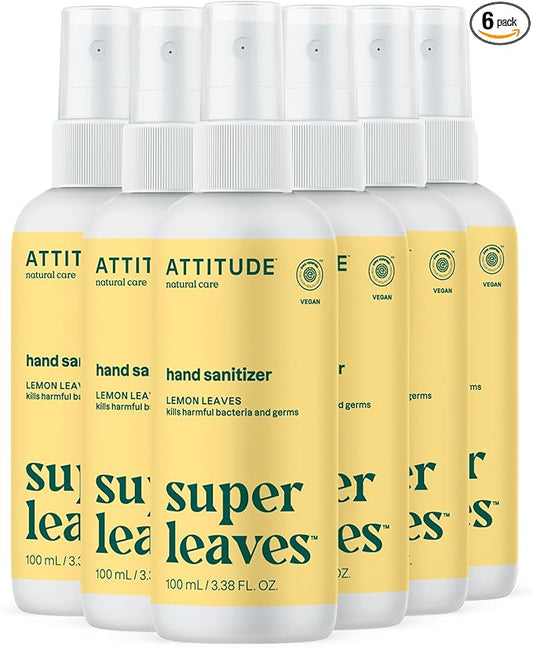 ATTITUDE Hand Sanitizer Spray for Adults and Kids, EWG Verified, Kills Bacteria and Germs, Vegan, Lemon Leaves, 3.38 Fl Oz (Spray Bottle) (Pack of 6)