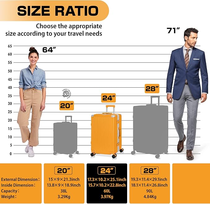 AnyZip Luggage Aluminium Frame Suitcase PC ABS Hard Shell TSA Lock No Zipper 24In Orange