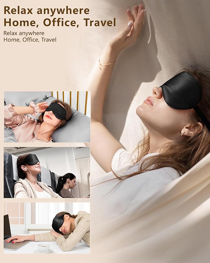 Silk Sleep Mask for Women - Soft Breathable Organic Natural Mulberry Silk Fabric Blackout Eye Mask for Sleeping with Adjustable Straps No Pressure Eye Mask for Travel Essentials Gifts (Black)