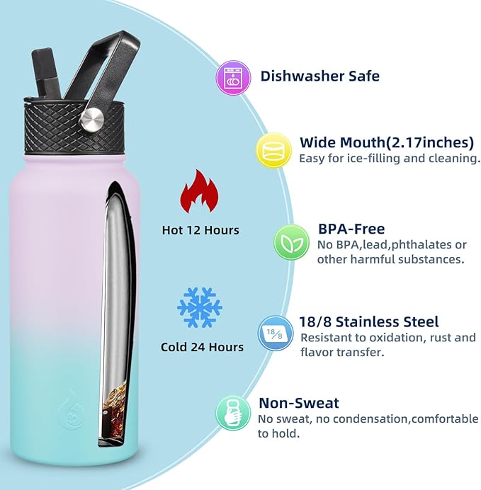 BJPKPK Insulated Water Bottles with Straw Lid, 32oz Metal Large Water Bottle with 3 Lids, Reusable Leak Proof BPA Free Thermos, Stainless Steel Canteen Water Bottle for Sports, Gym & Travel-Oasis