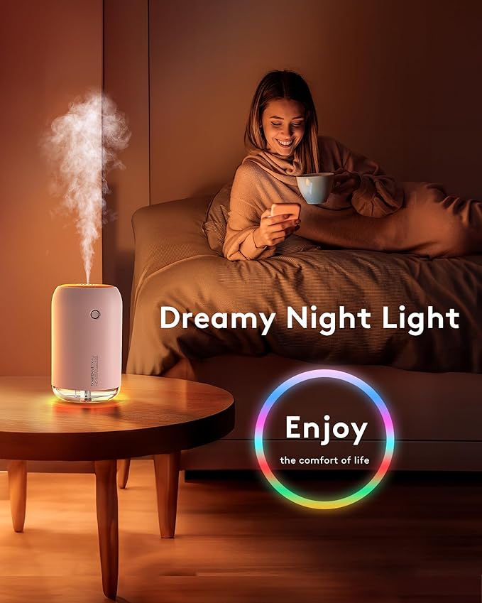 SmartDevil Small Humidifier, 500ml Mini Desk Humidifier, for Bedroom, Office, Travel, Plants, with Night Light, Auto Shut-Off, Super Quiet, White
