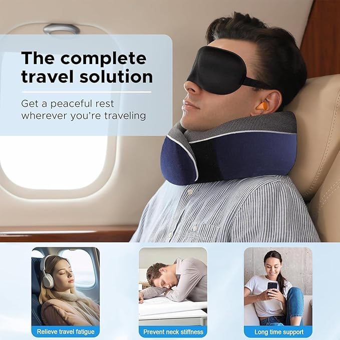 Travel Neck Pillow, Best Memory Foam Airplane Pillow for Head Support Soft Adjustable Pillow for Plane, Car & Home Recliner Use (Blue)