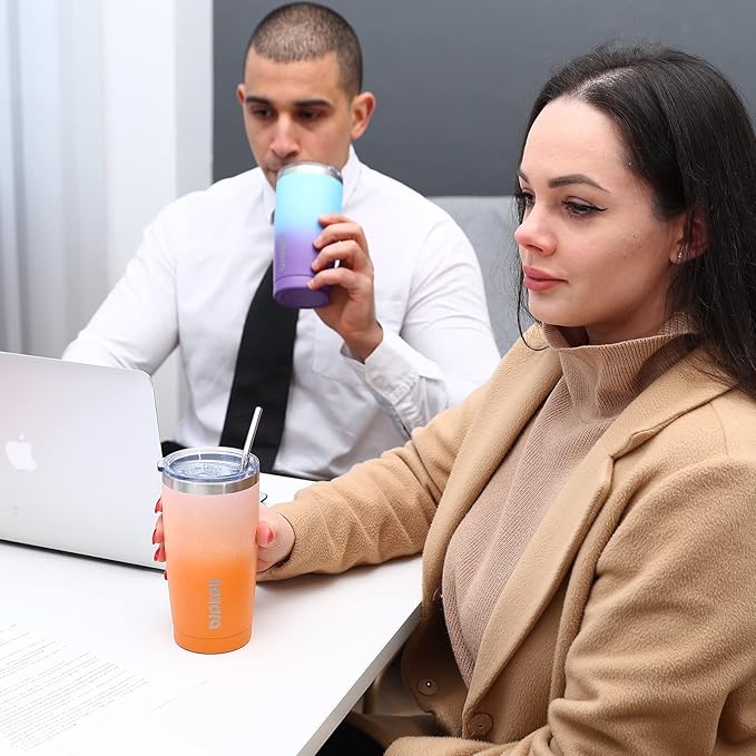 BJPKPK Tumbler with Lid and Straw, 20 oz Stainless Steel Vacuum Insulated Color Block Tumblers, Double Wall Ice Coffee Thermal Cup Travel Mug,Coral