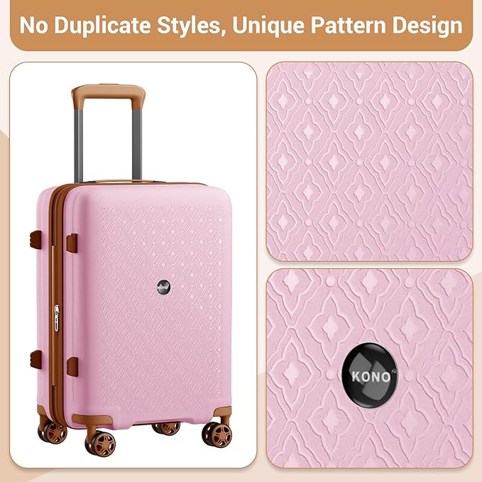 Kono Expandable 24 Inch Hard Shell Travel Luggage, Large capacity for easy travel, Hidden Cup Holder & TSA Lock Lightweight Suitcase - Pink/Brown
