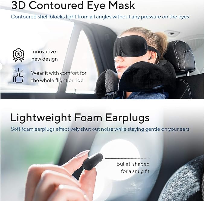 Travel Blanket Luxury Travel Set - Ergonomic Airplane Neck Pillow 100% Pure Memory Foam and Super Soft Fleece Blanket - Premium 3D Sleep Mask & Earplugs - Ultimate 4-in-1 Traveling Kit Black