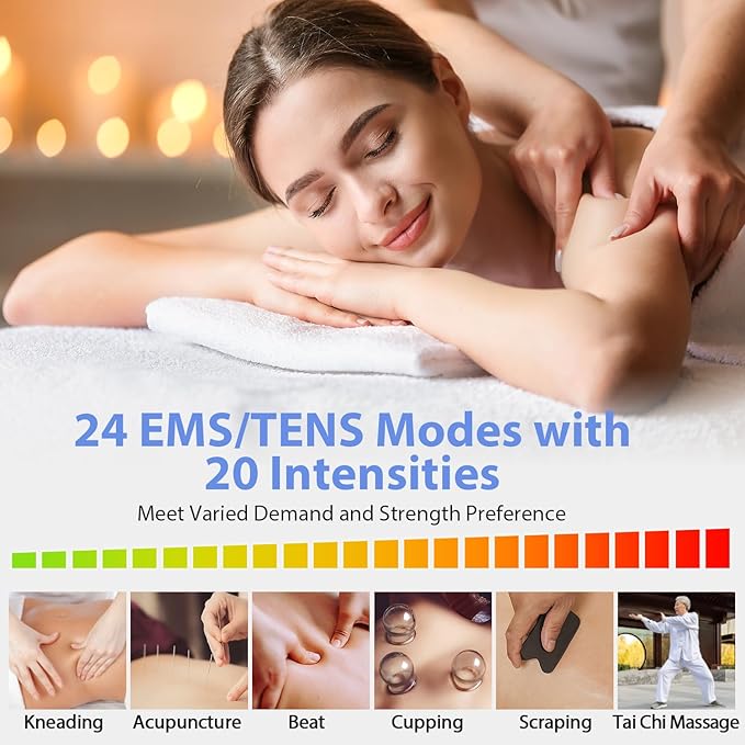24 Modes Tens Unit Muscle Stimulator, Rechargeable Tens Machine with 8 Electrode Pads (American Gel), Electric Pulse Massager for Pain Relief Therapy（Blue）