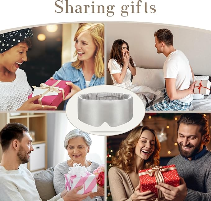 100% Mulberry Silk Sleep Mask Eye Mask for Women Man with Adjustable Band, for Side Sleeper Blackout Sleep Mask for Travel Rest and Office (Gray)