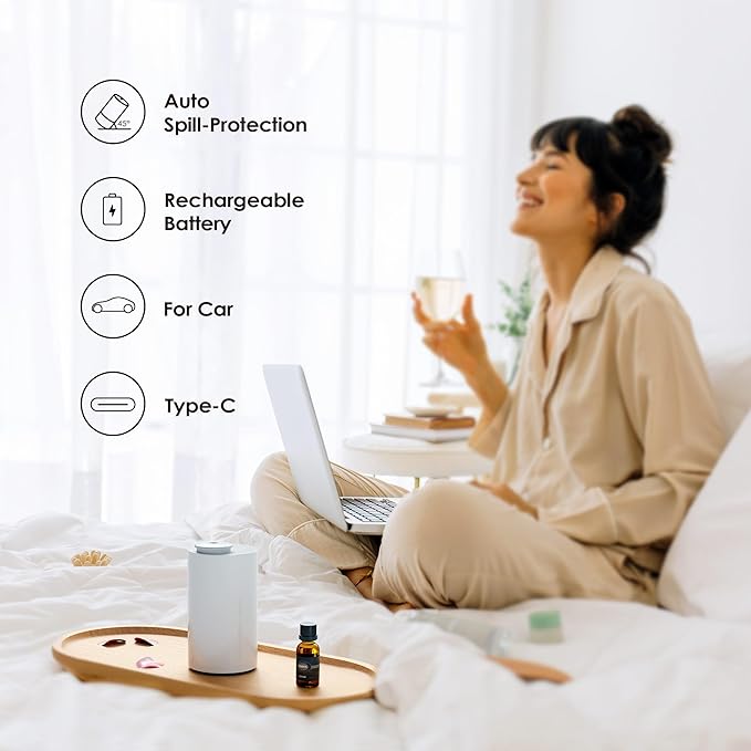 Waterless Essential Oil Diffuser Starter Kit with 30mL Fragrance Oil Inspired by Four Seasons Hotel, Battery Operated Mini Scent Air Machine Portable Diffuser for Home Car Office, White AN6