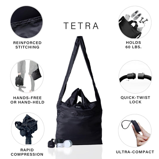 SYZY Crossbody Packable Travel Tote Bag - Portable Nylon Shopping Beach Market Bag - Reusable Collapsible Stuffable Pouch (Black)