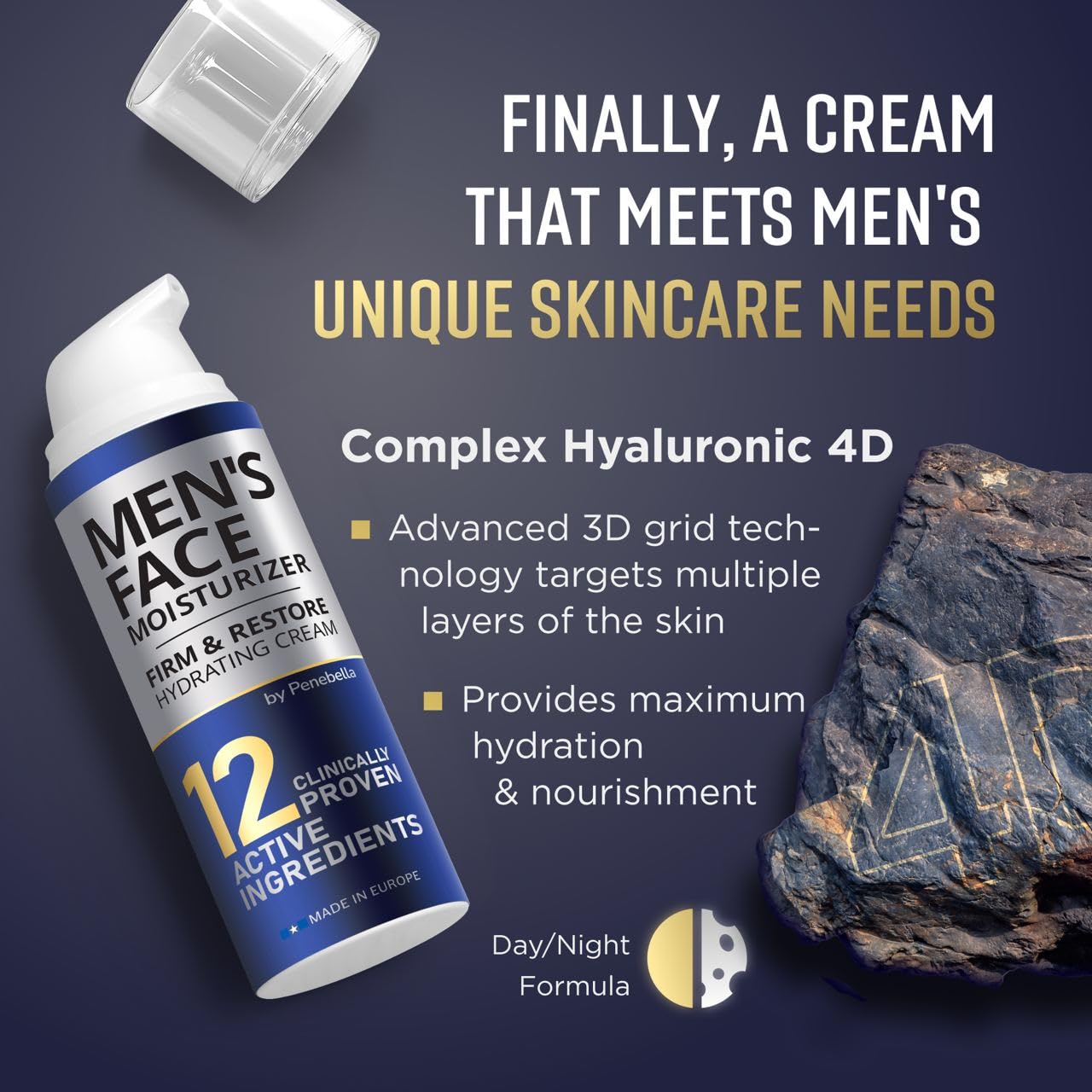 PENEBELLA Mens Face Moisturizer - Deep Hydrating & Anti Aging Mens Lotion | Made in Europe | Vitamin C+E, Elastin, Hyaluronic 4D - Mens Face Cream for Daily Use - Eye, Face & Neck Mens Skin Care